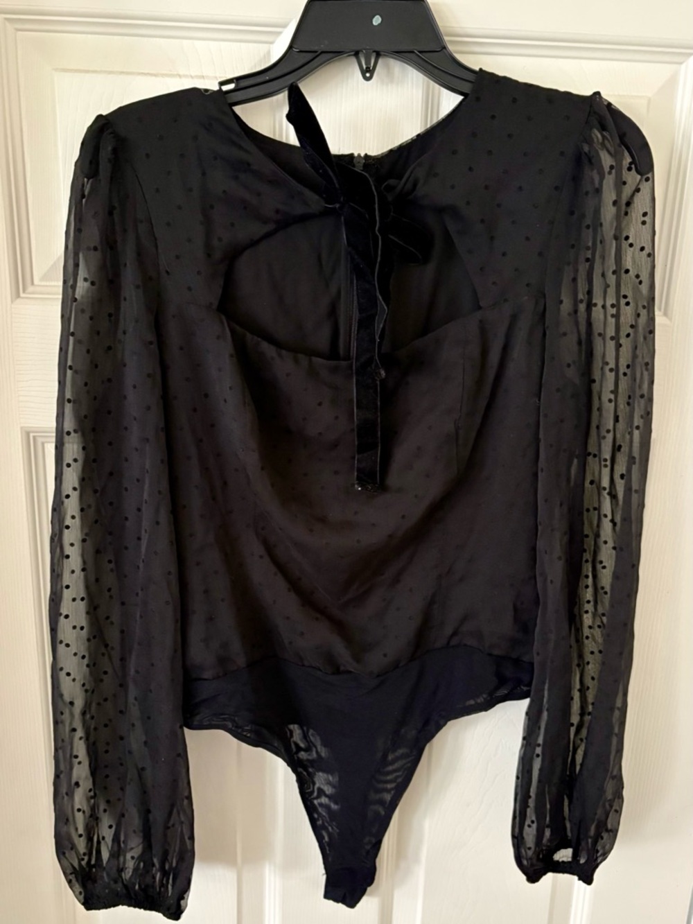 Lulus Dainty Diva Black Swiss Dot Tie-Front Balloon Sleeve Bodysuit